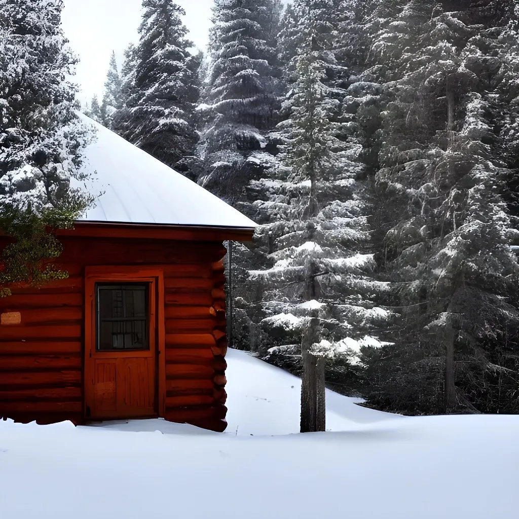 Prompt: Snowy cabin in the woods