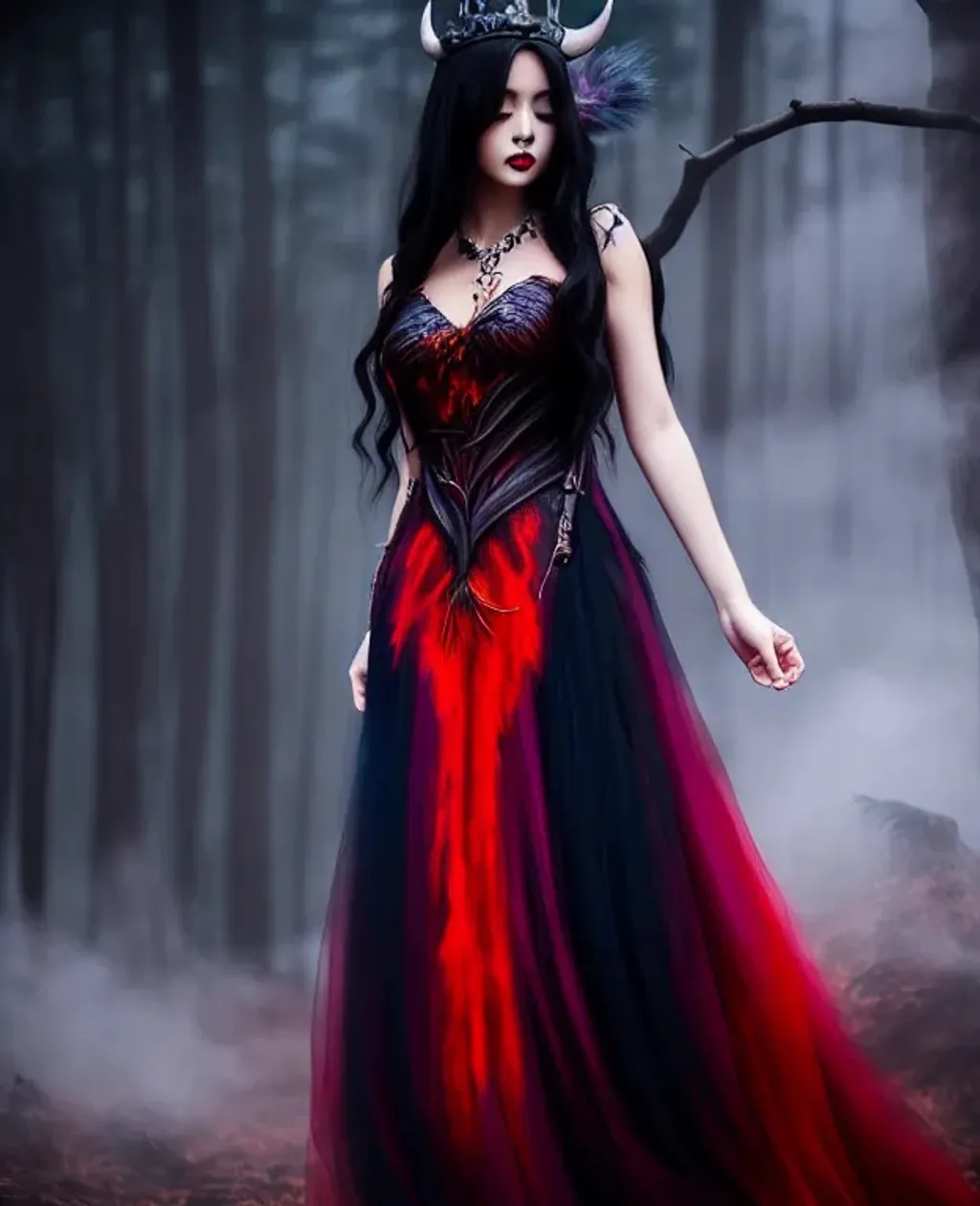 Prompt: Wampire demon queen Raven dress hand dying dark forest painting by WLOP