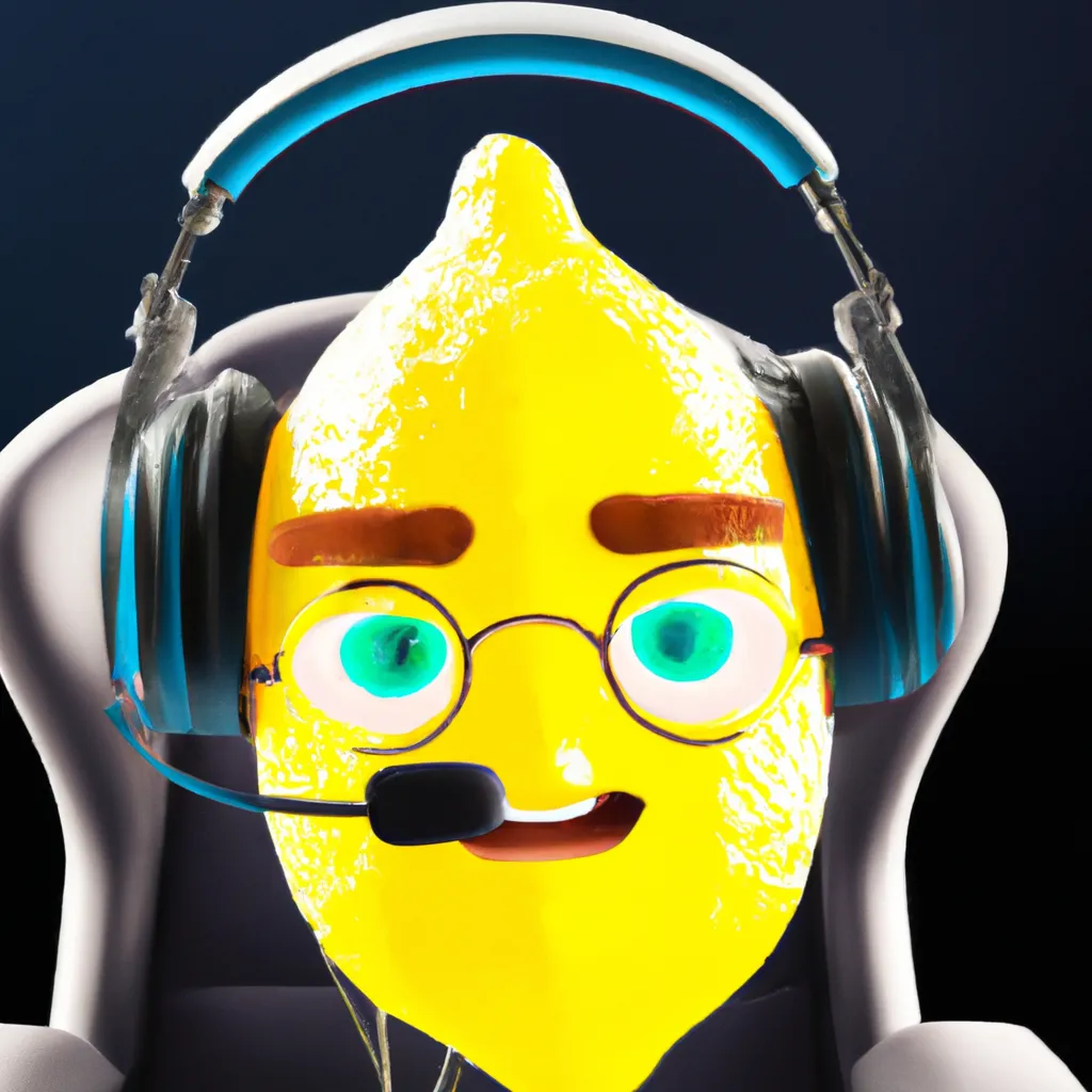 Prompt: A lemon youtuber, wearing headphones. Mattvidpro. Photorealistic. Webcam. Gaming chair. 