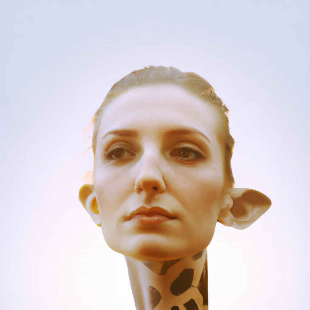 Prompt: A photo of a cute young woman's head combined with a 3D render of a hybrid giraffe head. Epic film poster style.