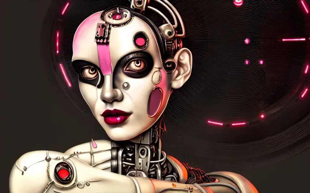 Prompt: portrait of a clockwork robot, elegant, highly detailed, digital painting, artstation, concept art, smooth, sharp focus, illustration, artgerm, dali, giger, adverticing, punk, glowing eyes, pink lips, latex skin, numbers in the background