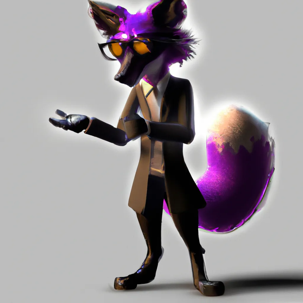 Prompt: Anthropomorphic bipedal black and purple fox scientist, hyperrealism stylized character design, 4K, UHD, HDR