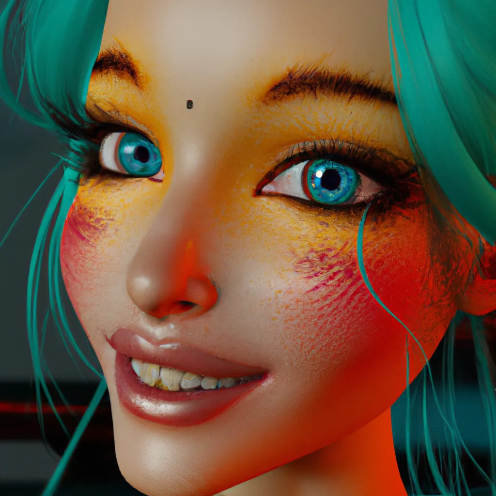 Prompt: portrait shot of a BJD 3D solarpunk, bloodyfaster, golden ratio, ultra realistic, 16k, trending, detail, Daz Studio, Genesis 8.1 Female, face recognizably human, teal hair with tendrils, green lipstick, orange eyeshadow, coy smile, smirk, freckles