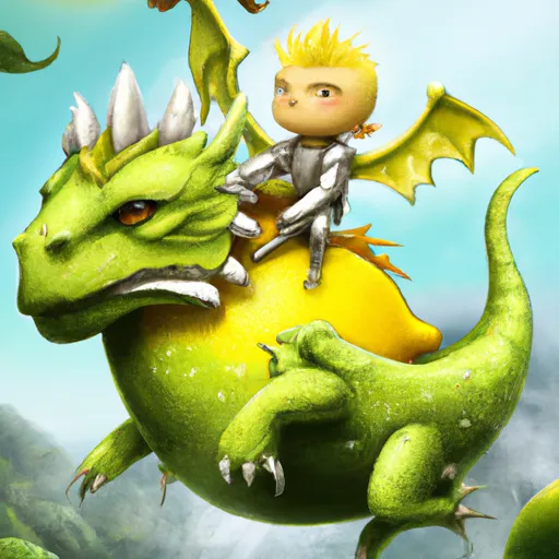 Prompt: lemon hero riding a green dragon to rescue a lemon princess, digital art, 3d, realistic