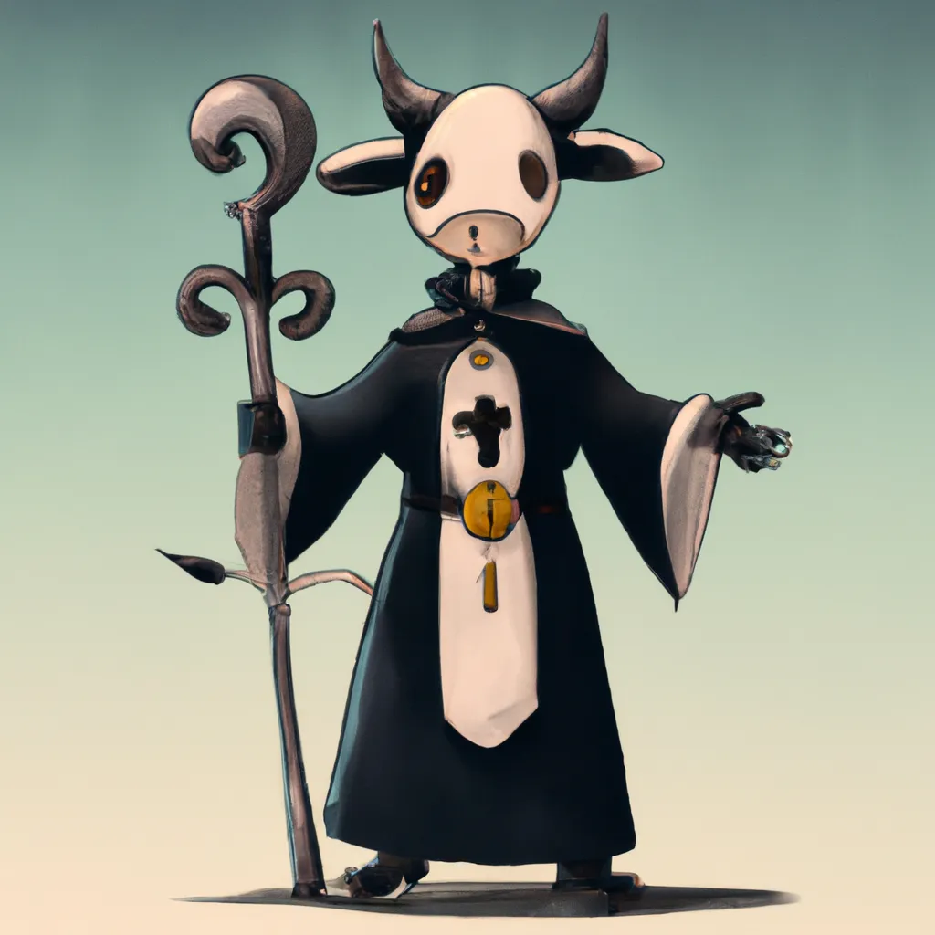 Prompt: A Cow priest holding a holy scepter and a cross weapon, hollow knight, character design by ari gibson 