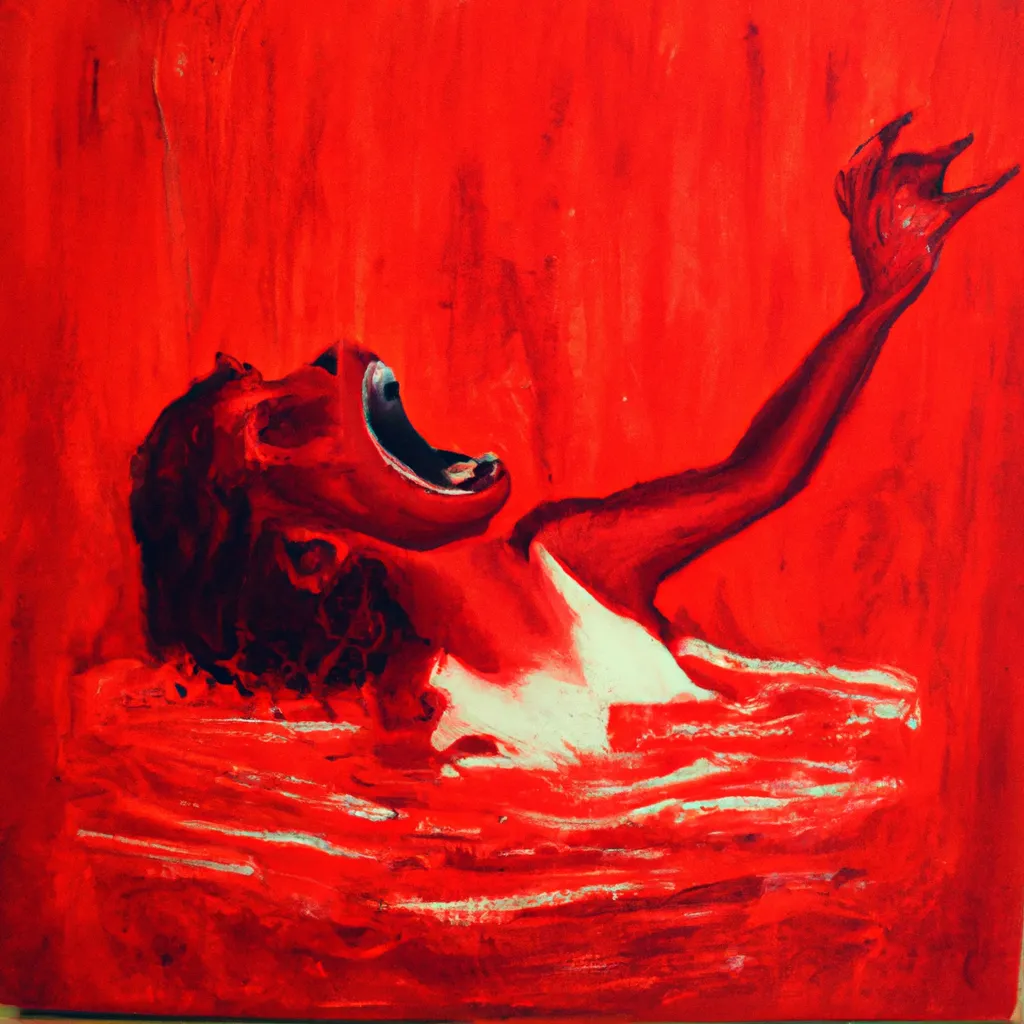 Prompt: oil painting, distorted woman drowning, red water, screaming, horror