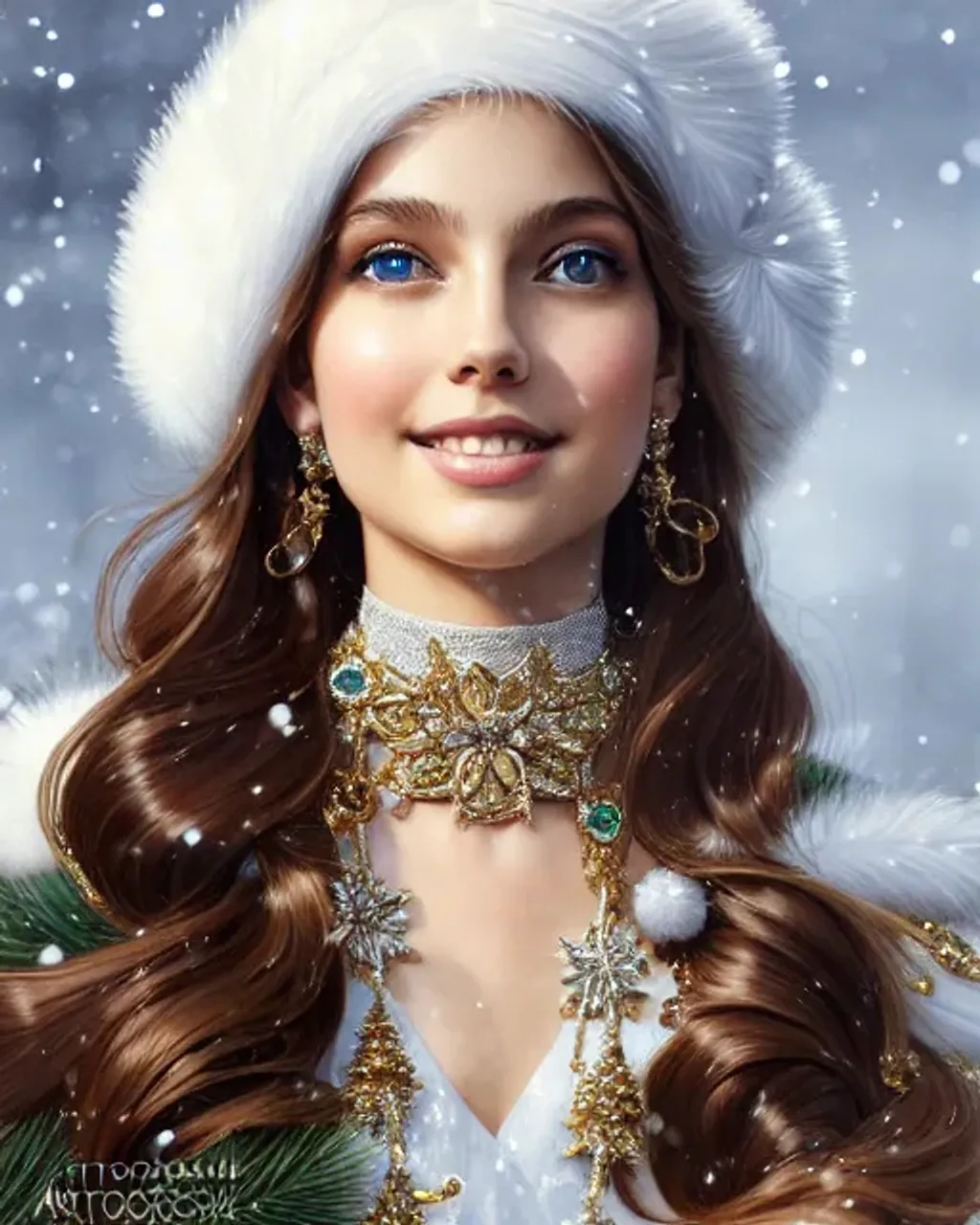 Prompt: photograph, Winter, 8k, attractive, elegant, confident, optimistic, teenager, smiling, beautiful big eyes, heavenly look, highly detailed modern Christmas style clothing, fine skin details, trending on artstation, sharp focus, intricate details, highly detailed, Artgerm, Greg Rutkowski, Tom Blackwell