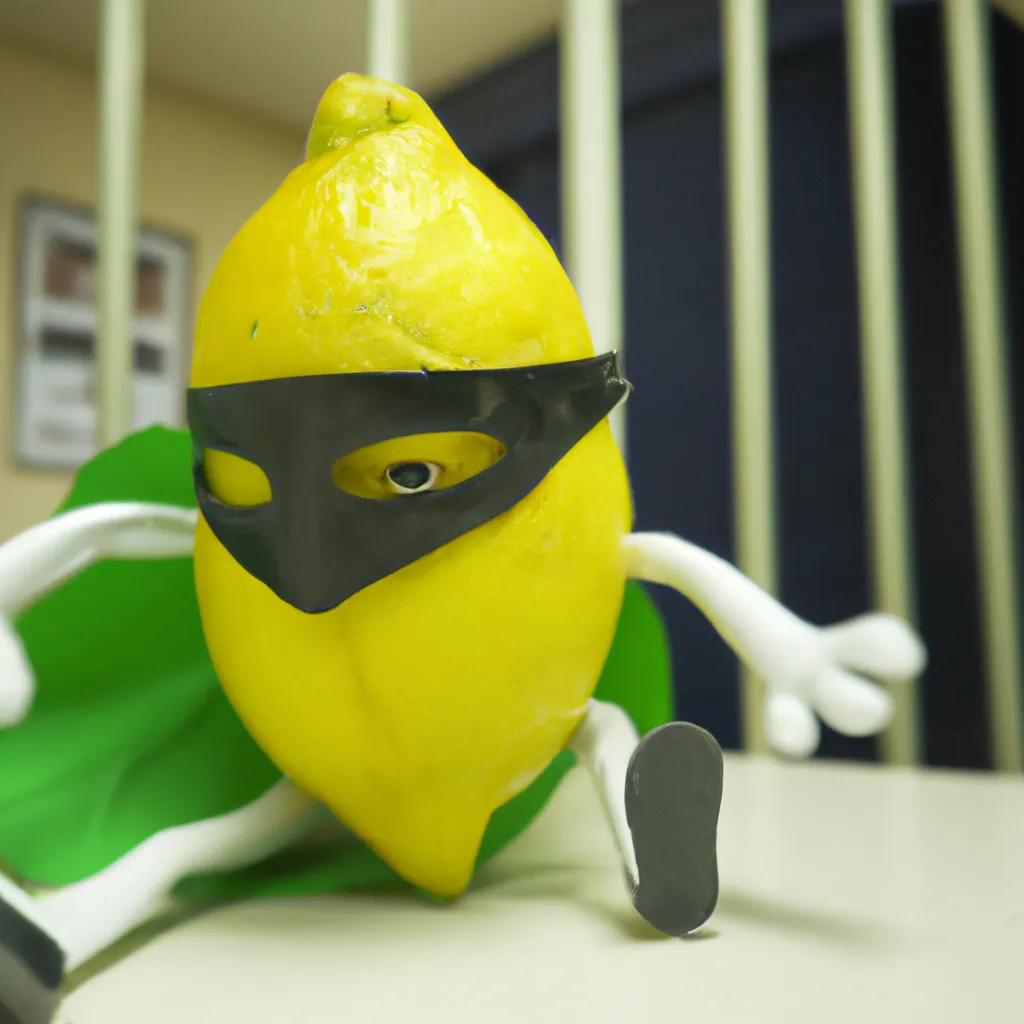 Prompt: a lemon that is a superhero with a green leave cap stopping a robbery in a bank, 4k photography