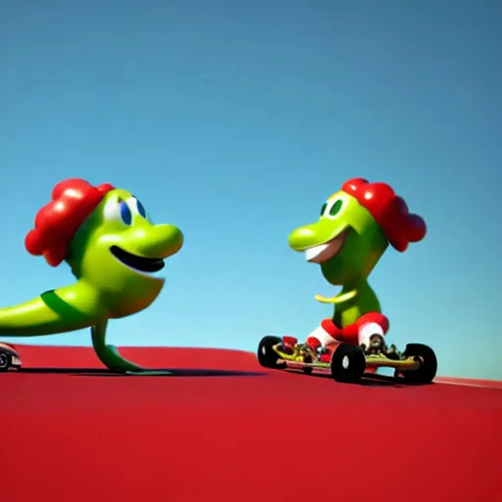 Prompt: Two race cars of anthropomorphic hot chilis peppers, one red and one green, skateboarding| Giant Cosmic mushroom  | cute girl | in the style of Bosch | perfect exposure | soft muted colors desaturated | 3d render | octane lighting | dream fantasy | centered | octane render artstation trending 8k ultra-detailed  | sharp focus golden ratio | Disney Pixar Dreamworks 