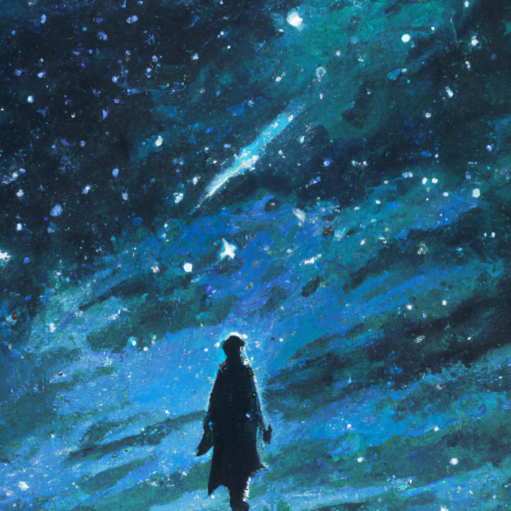 Prompt: a painting of a person standing in front of a sky full of stars, a detailed painting by Makoto Shinkai, deviantart, space art, sense of awe, apocalypse art, deviantart