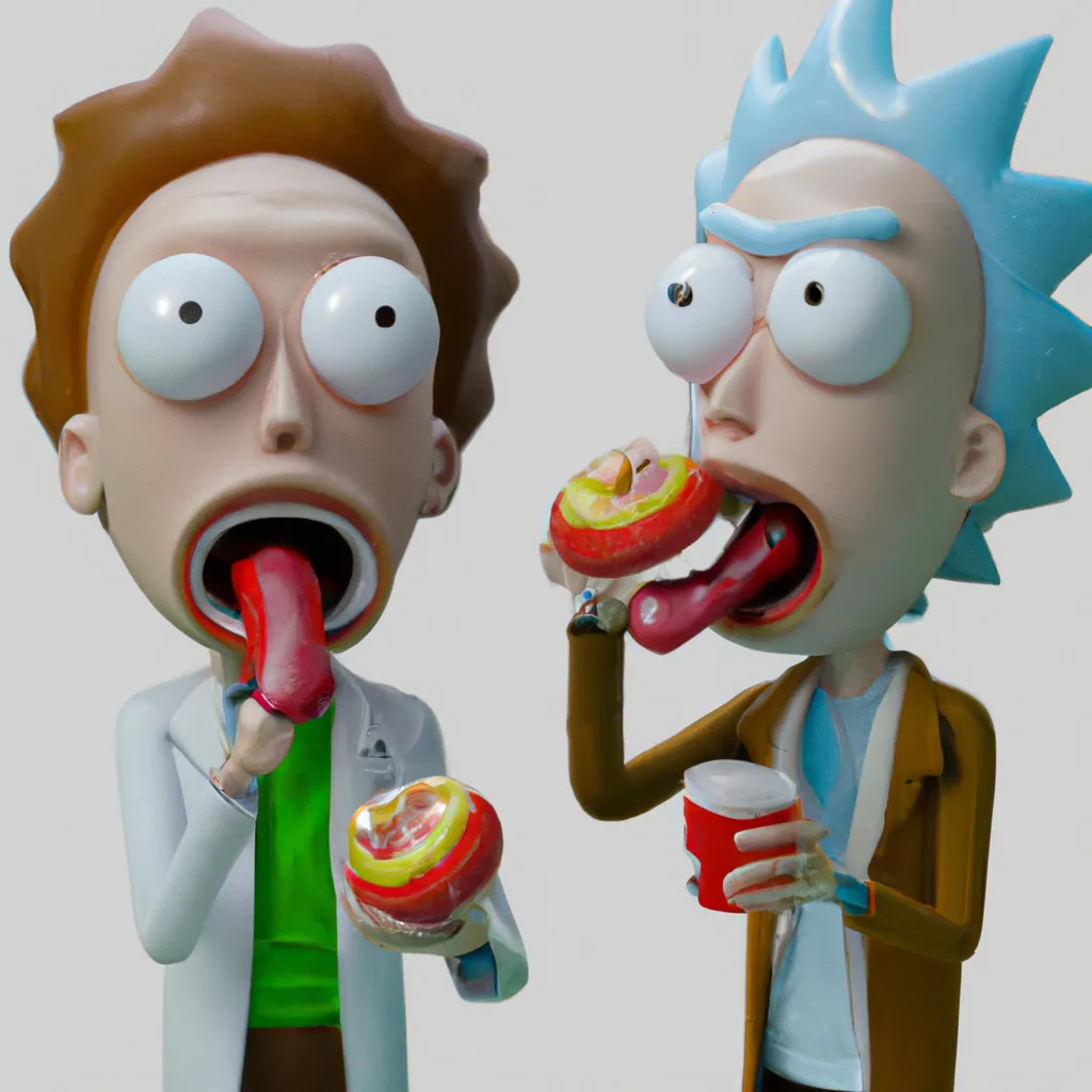 Prompt: High quality creepy 3d detailed photo of rick and morty eating a jelly dounut with red jelly all over his mouth and face