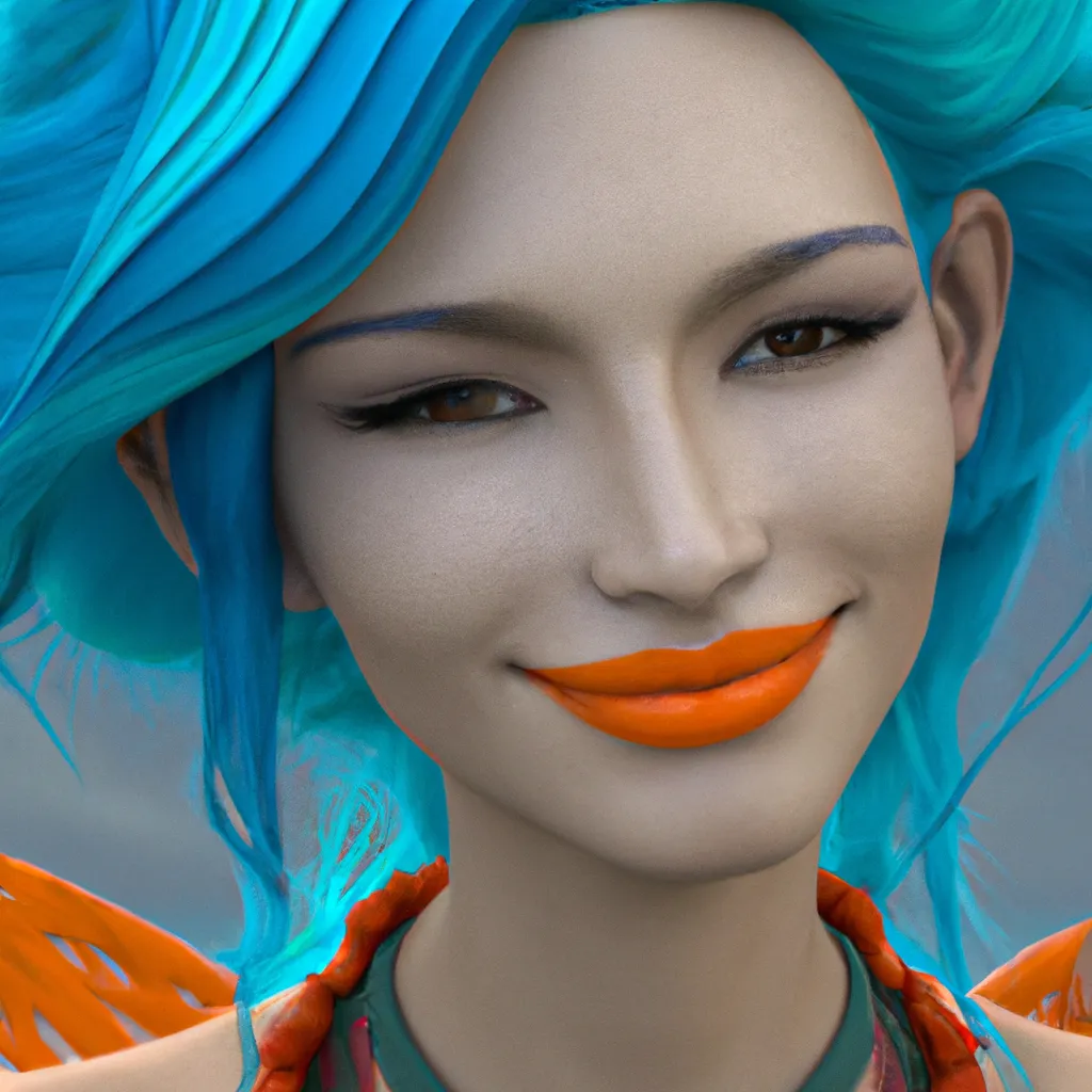 Prompt: half body shot, golden ratio face of a BJD 3D solarpunk, bloodyfaster, ultra realistic, 16k, trending, detail, Daz Studio, Genesis 8.1 Female, face recognizably human, teal hair with tendrils, green lipstick, orange eyeshadow, coy smile, smirk