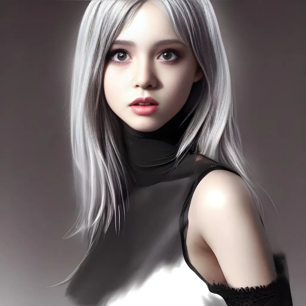 Prompt: highly detailed portrait of a pretty young cute girl, looking at the camera, white hairs, eyeliner makeup, black skirt, black clothes, black crop top, full length, ultra-realistic soft sun lighting, Redshift Render, hd, 4k, 8k, artstation, illustration, teenager, digital art