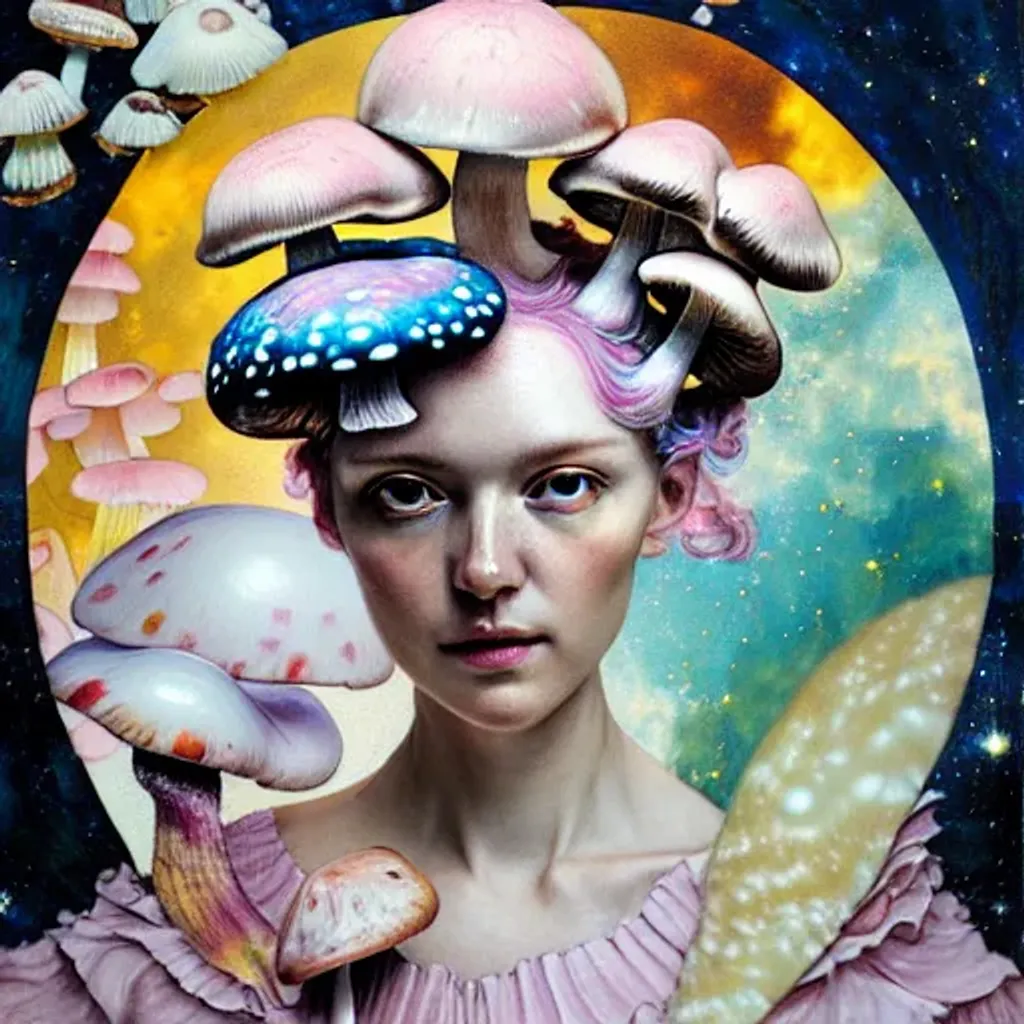 Prompt: Rococo pastel mosaic portrait by Ryan Hewett, Beautiful woman with mushrooms growing out of her hair, mushroom wings, victo ngai, hq, fungi, celestial, moon, galaxy, stars 