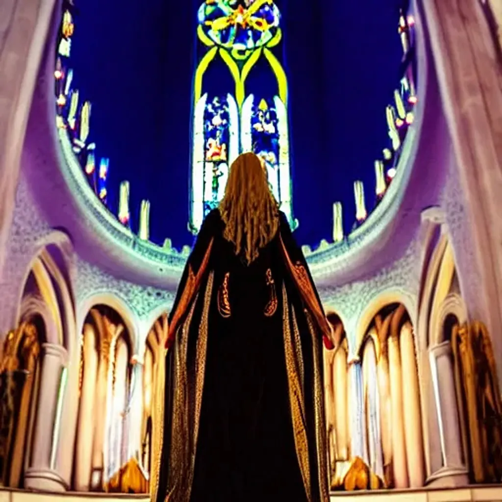 Prompt: A witch with long purple dress with intricate golden details, white hair, neotenic eyes, invocation,long finger nails, cosplay. Inside cathedral at night 