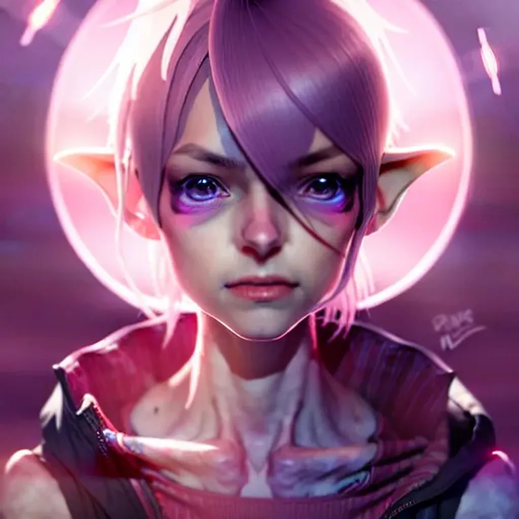 Prompt: cute Female goblin with pink Skin, dreamy eyes, beautiful intricate hair, symmetrical, anime wide eyes, cold lighting, detailed face, by makoto shinkai, stanley artgerm lau, wlop, rossdraws, concept art, digital painting, looking into camera, pointy ears