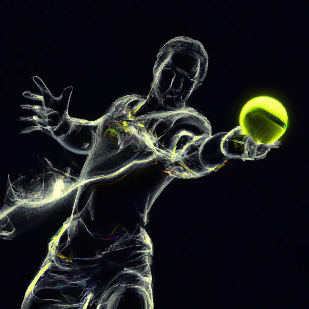 Prompt: a smooth transparent clear crystal body of Rafael Nadal serving a tennis ball appears to be illuminated by smooth streaks of random lightning bolt wrapping his body in total darkness by Christian W. Staudinger, featured on cg society, perfect composition, black background, darkness, holography, backlight, transparent crystal, chiaroscuro, bioluminescence, opalescent, iridescent, x-ray hologram | 3d octane render | octane lighting | dream fantasy | centered | octane render artstation trending 8k ultra-detailed  | sharp focus golden ratio | Disney Pixar Dreamworks 