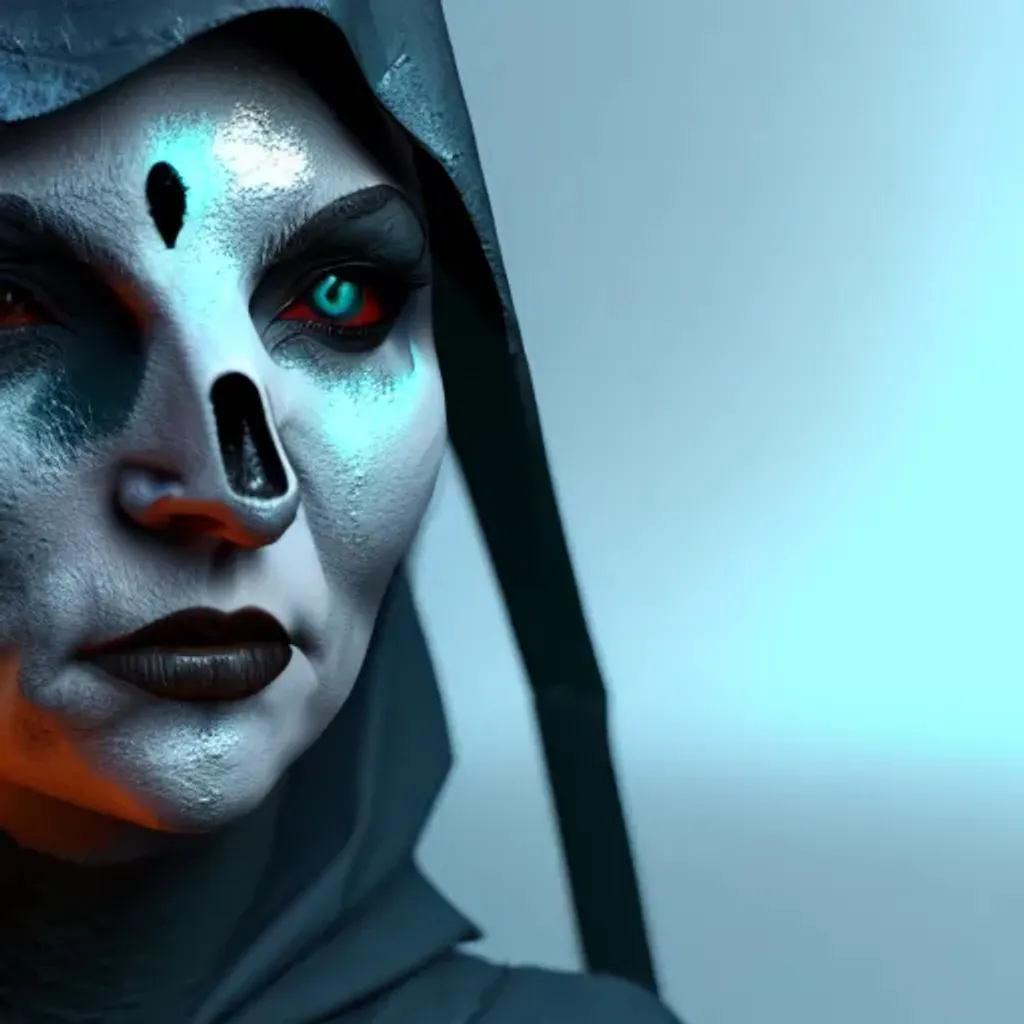 Prompt: Hela from Helheim, half-decayed, half-alive, face is half-white and half-black,one eye bright and the other dark, wearing a cloak made of shadows, carrying a staff, style, dark mystic vibe, octane render, photorealistic, unreal engine, teal black color palette, 8k, unreal engine, octane render