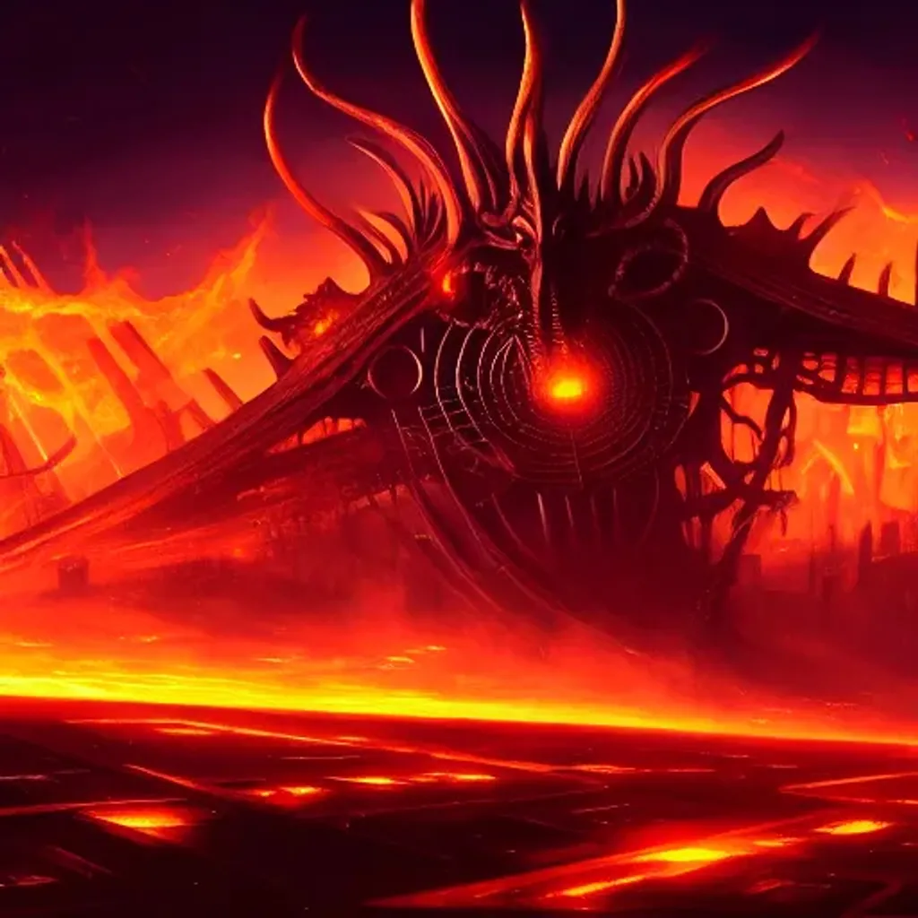Prompt: Magic the gathering artwork of a Phyrexian mechanical lord rising above an ancient cityscape in flames, 4k hd