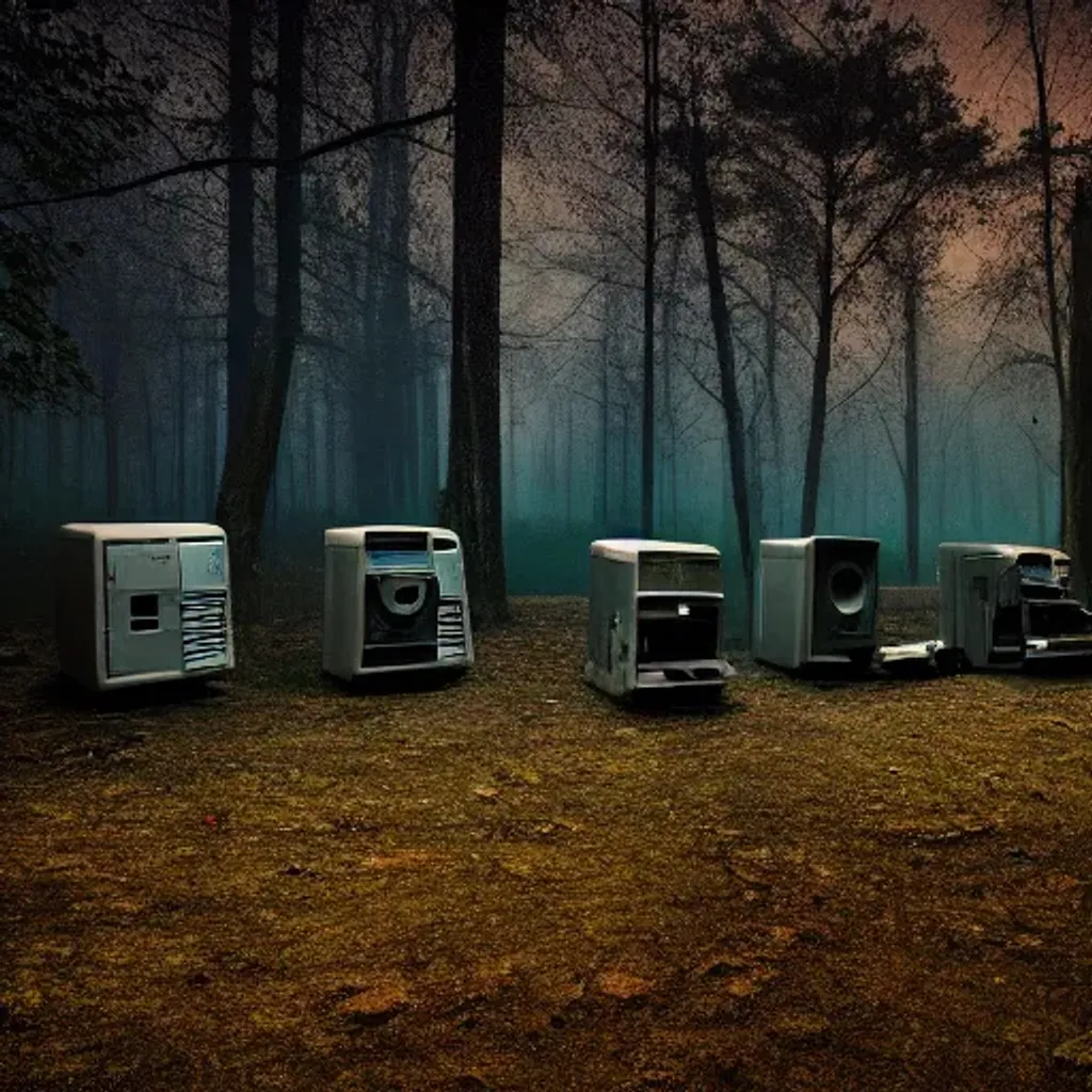 Prompt: abandoned computers in dark forest at night, with fog and liminal space