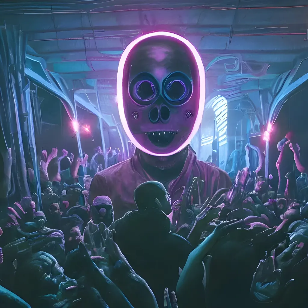 Prompt: 8k photo of Piet at a rave, hands in front with eyes in the center, by Hans Ruedi Giger and Simon Stålenhag and greg rutkowski and Willem van Veldhuizen, vivid, colorful