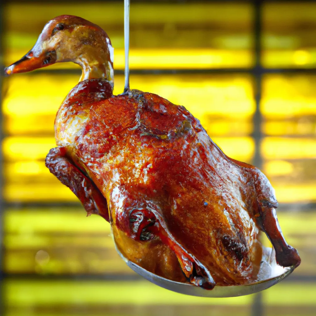 Prompt: Photo realistic, super sharp, closeup, just out of oven, steaming whole roasted duck hanging, individual rice, succulent, delicious realistic texture, studio lighting liquid oil by dennis pedersen  leica 14mm bokeh background 8k hyper realistic award winning photo