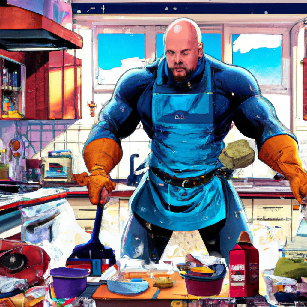 Prompt: The comic-book cover art of a superhero in his forties with slightly greying hair and a big belly, mopping the floor, by Brian Micheal Bendis, everyday messy kitchen scene backdrop, markers and ink, back-lit lighting, digital art, High Resolution, perfect composition, beautiful, detailed, intricate, trending on artstation, 8K, photorealistic concept art, soft natural volumetric cinematic perfect light, chiaroscuro, award-winning comic book art, masterpiece, artgerm, Dave Gibbons, Frank Miller, Steve Ditko, Osamu Tezuka, Jim Steranko, Will Eisner, Brian Bolland, John Romita Jr, Steve Dillon, Jack Kirby