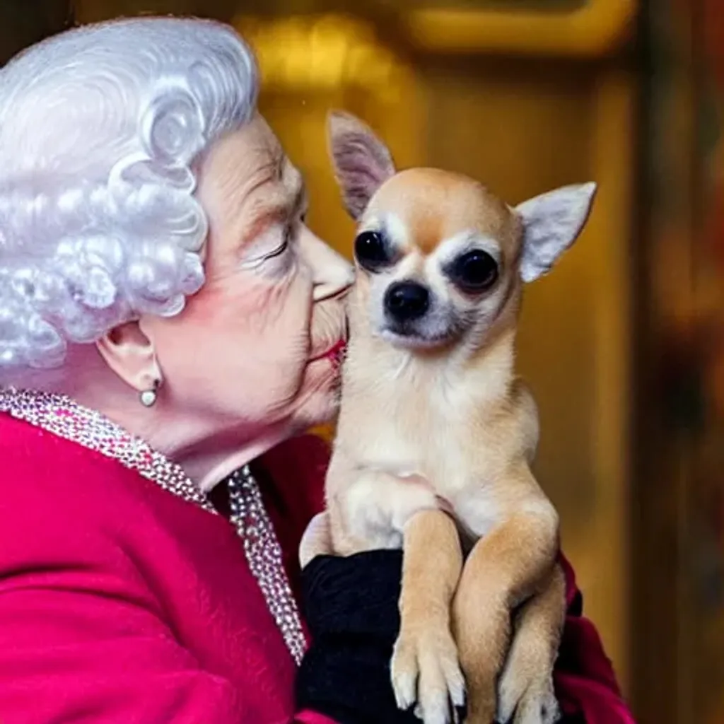 Prompt: queen elizabeth kissing chihuahua