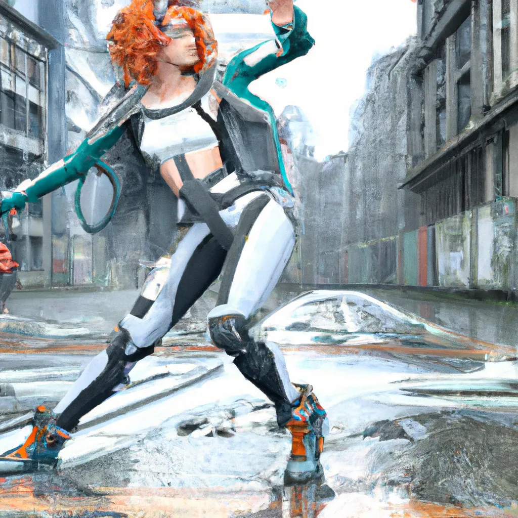 Prompt: Full body with face 3D realistic Maya Cinema4D UE4 UE5 graffiti spray paint style, rainy cyberpunk city in background, Pretty Russian 27 year old woman with turquoise wavy curly chin length hair, white gray orange colored dieselpunk outfit with lots of straps, white solarpunk jacket, powerful dancer leg hold pose.