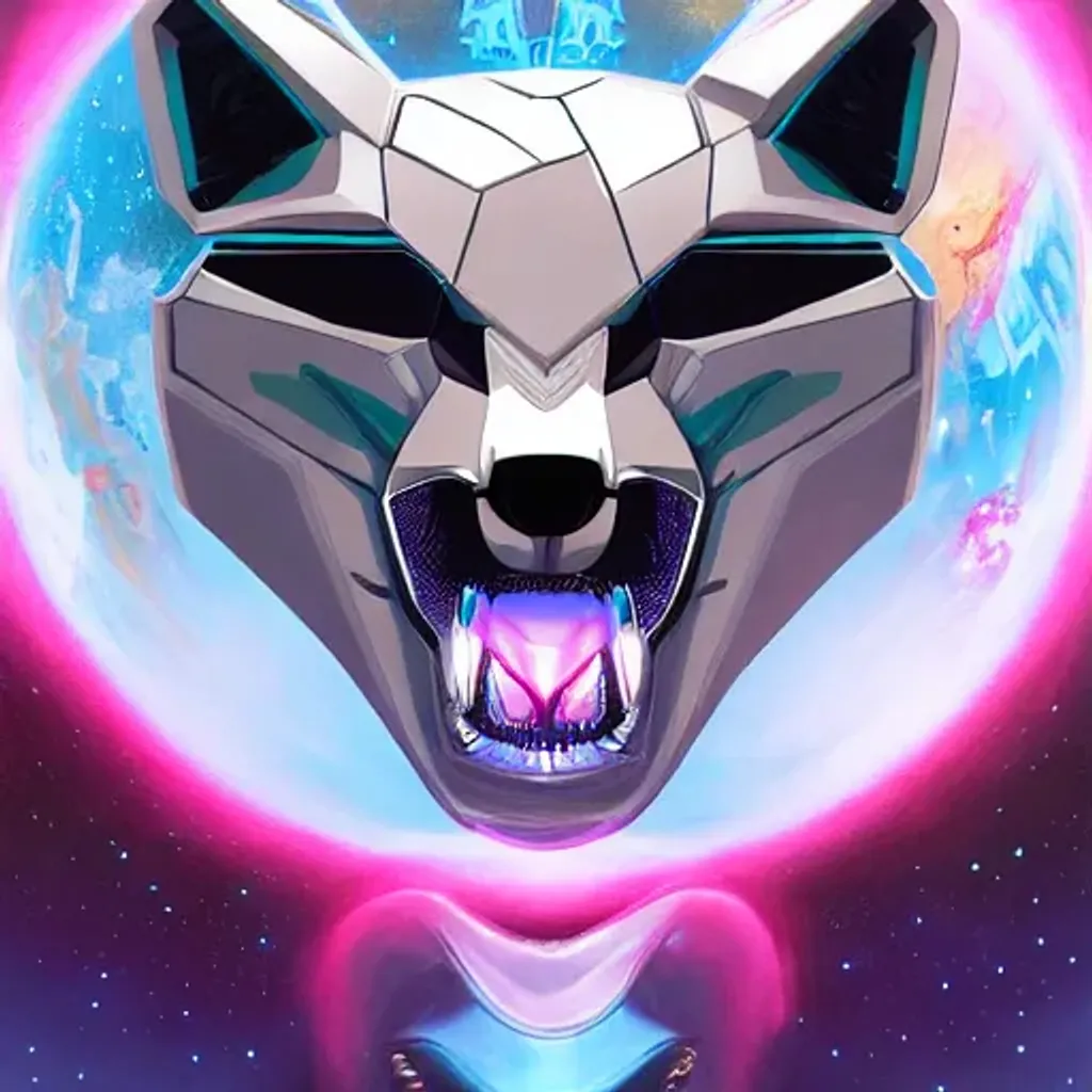 Robotic wolf, mouth open, looking straight, cartoon,...