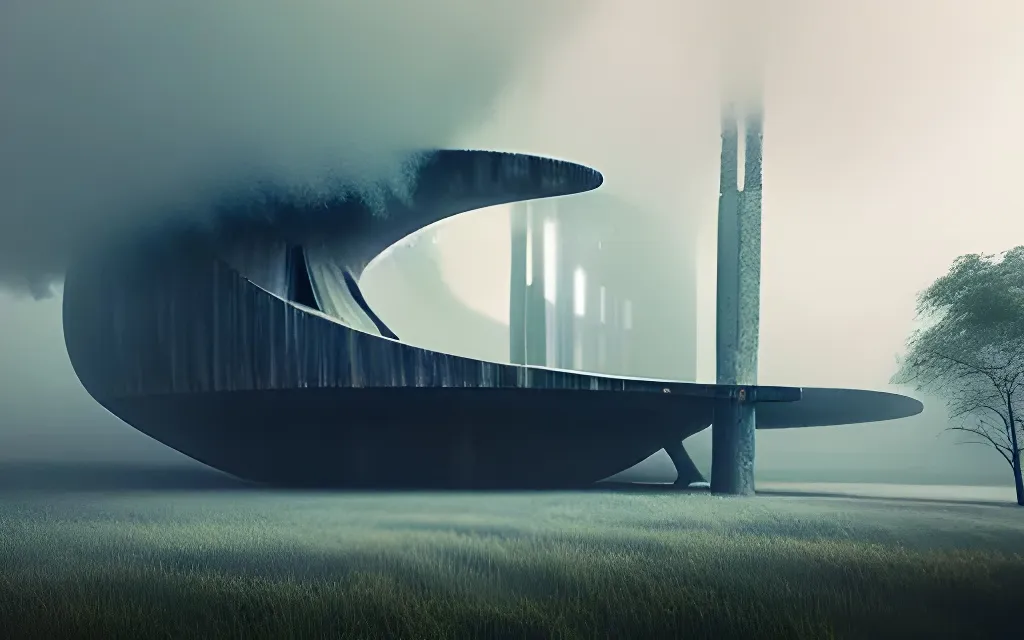 a house with books in the fog.abstract and oval arch…