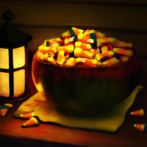 Prompt: Bowl made out of pumpkin filled with candy corn and chocolate bars on wooden table lit by warm light of lantern, beautiful digital art