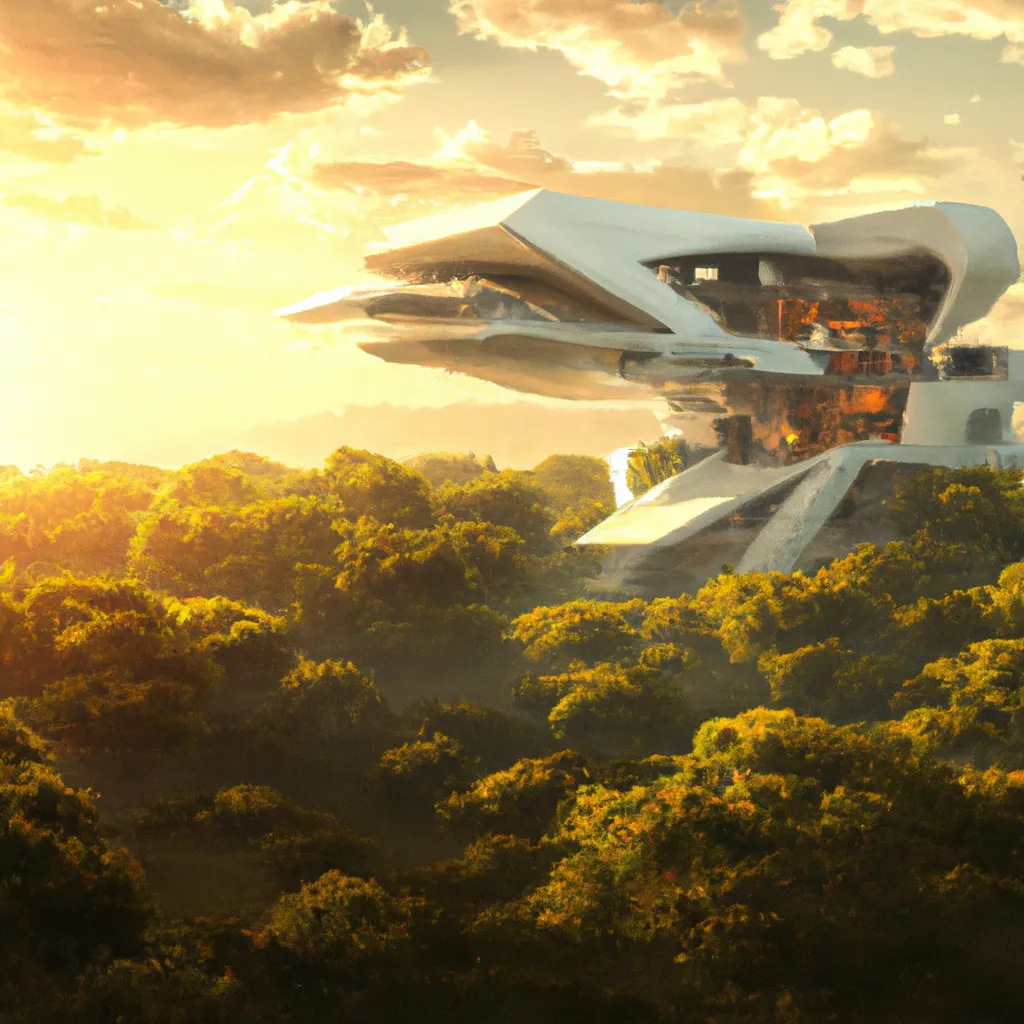 Prompt: Luxury futuristic mansion in the woods at beautiful sunrise, fantasy digital art