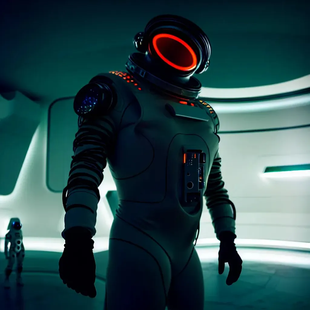 Prompt: Moody Portrait of a Futuristic Cyberpunk Space Suit with an athletic masculine body,facing towards the camera with swagger,Cinematic Stanley Kubrick movie still, 8K, digital art, unreal engine 5 render, octane render, photorealistic, photography, professional lighting and composition, award winning, intricate details, iconic movie shot by Stanley Kubrick with ring lights