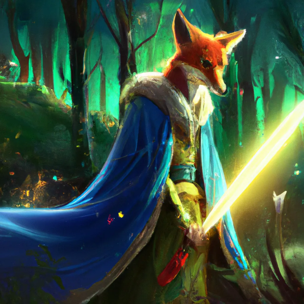 Prompt: fox wearing a green mantel and a red dress, long blue mantel with a wooden luminous  stick in his hand, he has a determinate face, magic forest in the background, intricate, fantasy, concept of zelda, elegant, highly detailed, digital painting, artstation, concept art, smooth, sharp focus, illustration