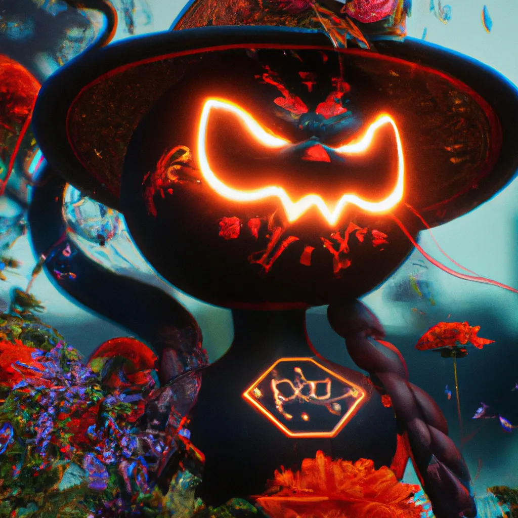 Prompt: Cinematic movie still masterpiece,Ukiyo-e styled lit  Dia de Los Muertos Jack-o'-lantern spirit 
wearing a witch hat,red spider lilies blooming,bubbles,eclipse,4K,moody,award winning, trending on art station,goofy funny spooky scary mysterious halloween horror vibe, intricate details,digital art,incredible design,emotive,unreal engine 5 render,octane render,highest quality, highest resolution 