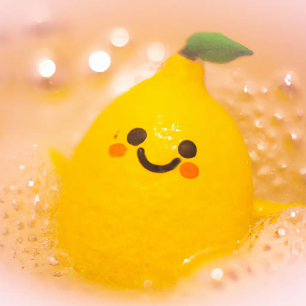 Prompt: A cute lemon smiling sat in a bubbly bath, by sanrio, soft lighting,