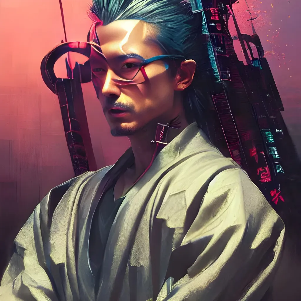 Prompt: cyberpunk miyamoto musashi cybor samurai by greg rutkowski full lentgth portrait dramatic light, gorgeous view, depth, high detail, digital art, painted by greg rutkowski neon synthwave dynamic pose