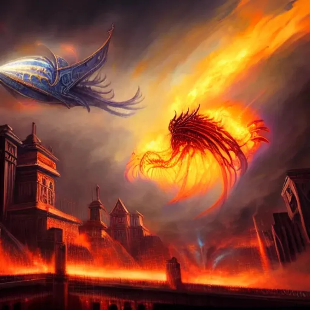 Prompt: Magic the gathering artwork of a Phyrexian mechanical lord rising above an ancient cityscape in flames with the airship the weatherlight far away in the background, 4k hd
