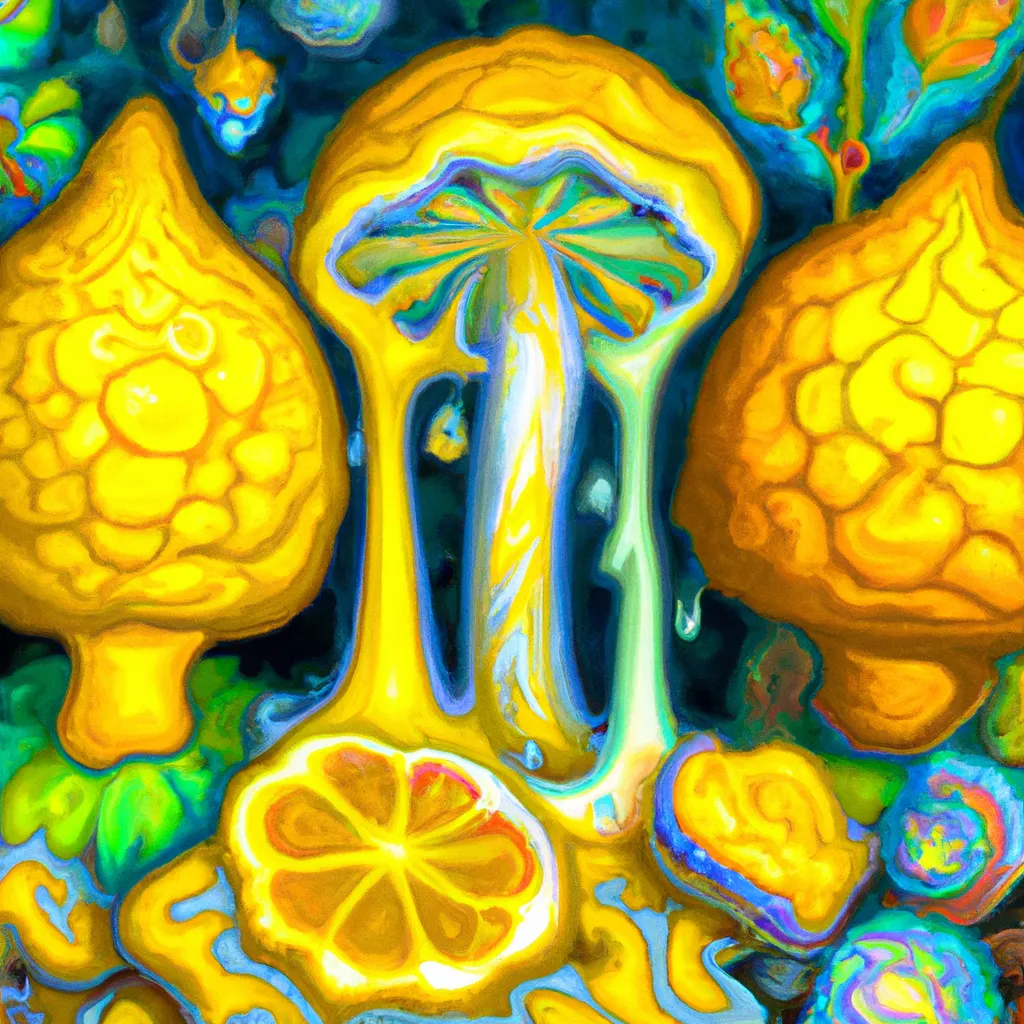 Prompt: extremly detailed psychedelic lemon dmt lsd magic mushrooms digital painting intricate, melting effect