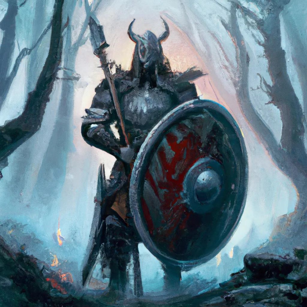 Prompt: a beautiful painting of a large warrior in heavy black steel armor standing tall and ready for battle. 
Dangerous and formidable, shield in hand, 
wide shot, painted by John Williams Waterhouse,
fantasy concept art, award winning, trending on art station, 8k