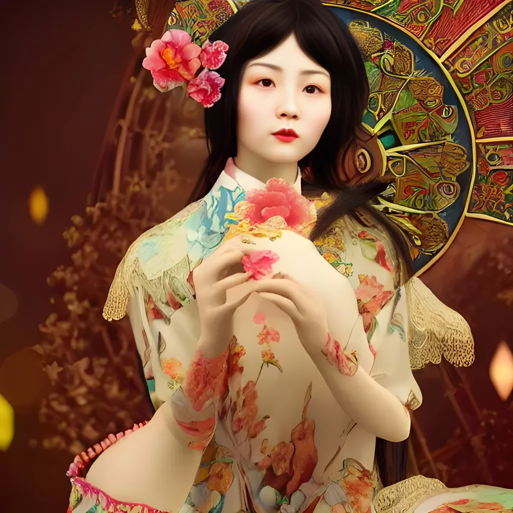 Prompt: Beautiful Chinese Doll in art nouveau style, alphons mucha, ultrarealistic, hyperealistic, octane render, 4k, uhd, photorealistic, cinematic, unreal engine, ambient occlusion, beautiful colours