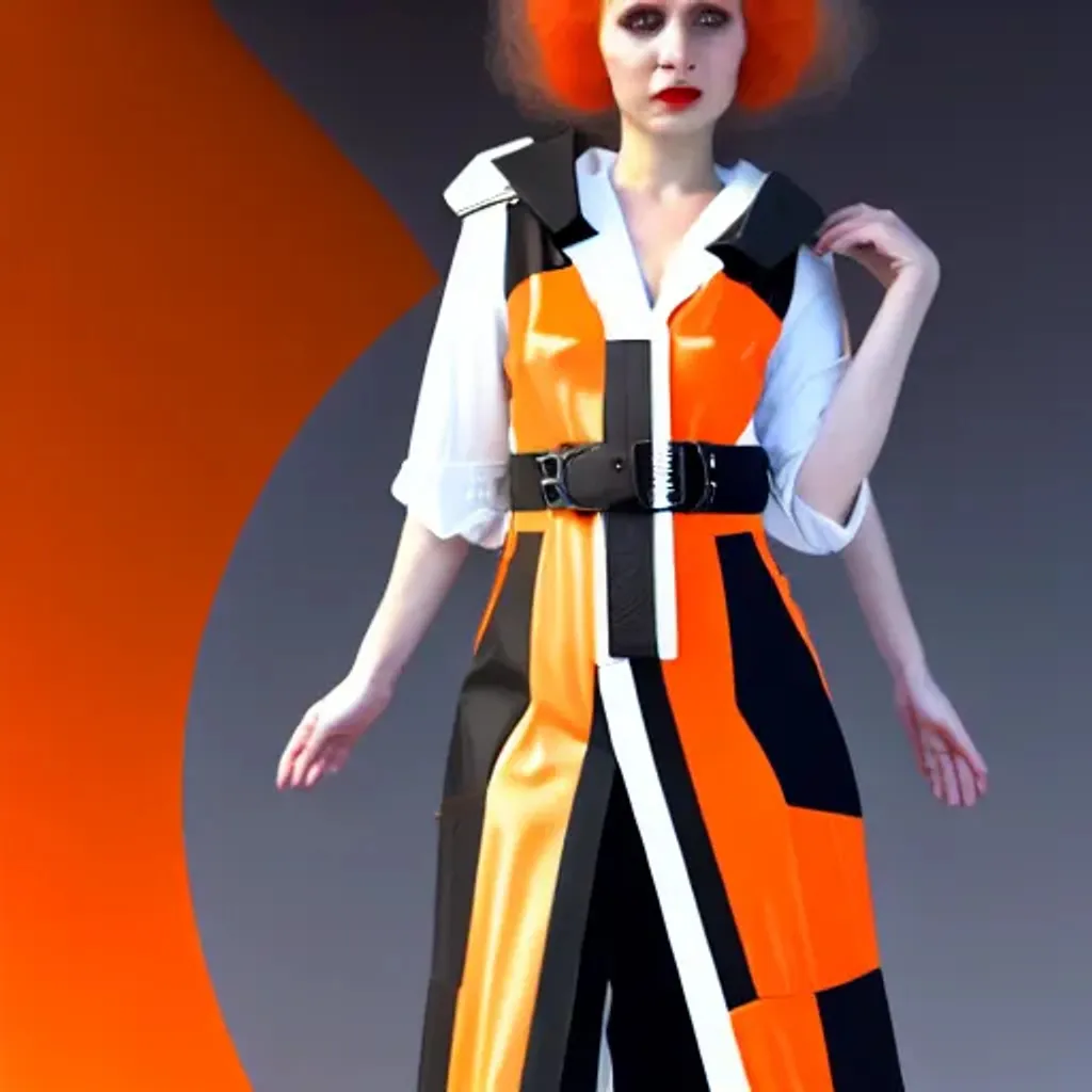 Prompt: Full body portrait including face of beautiful young Russian woman with chin length wavy turquoise hair, wearing white gray and orange dieselpunk cyberpop solarpunk outfit with mid length vest, orange sleeves with white and black stripes, lots of belts on clothing, straps around thighs, smirking at camera, 16k Maya render, highly detailed, dramatic clockwork background