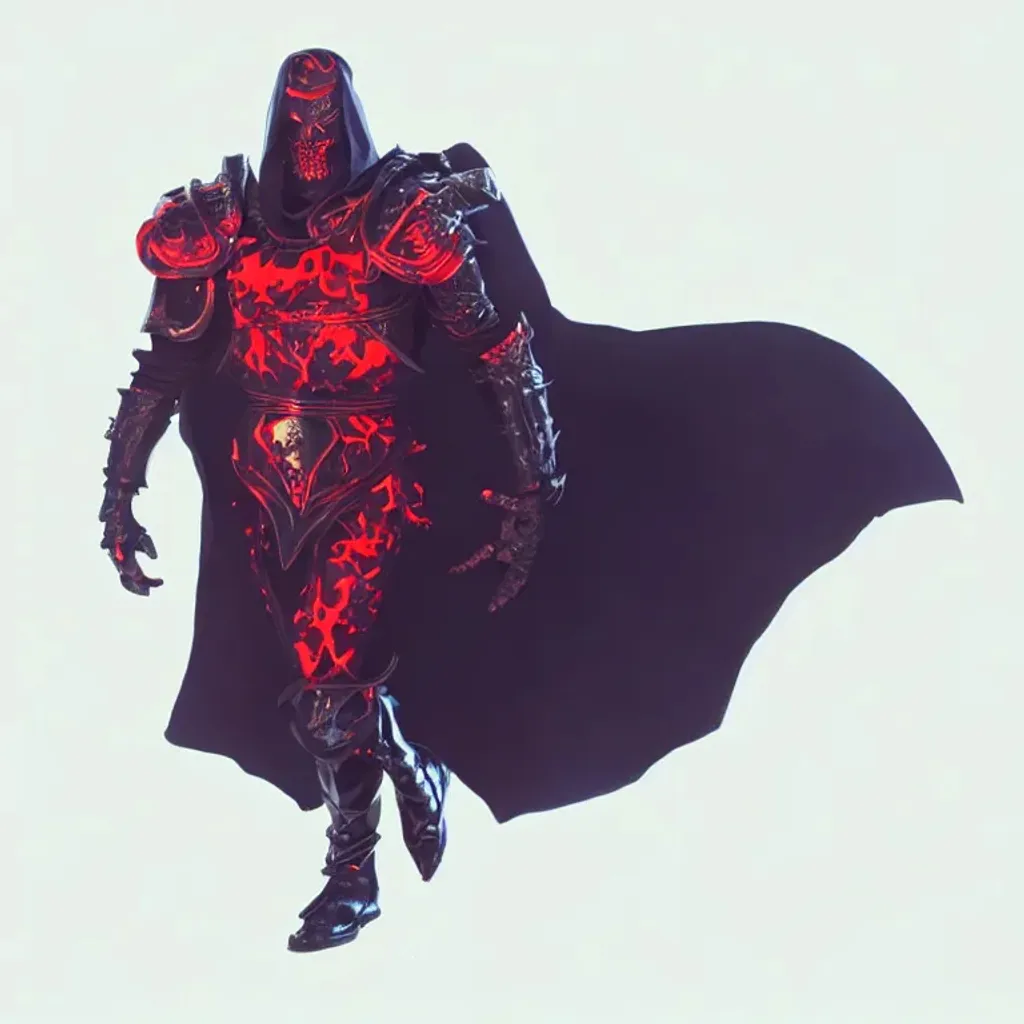 Prompt: he is a menacing  black-knight-esque imposing villain, warriors clad head to toe in glossy black armor. When struck, they emit sparks and partially explode. They serve Skeletor and form the majority of his forces. They come in three distinct types: Warlord, the leaders, who wear long black and red caps