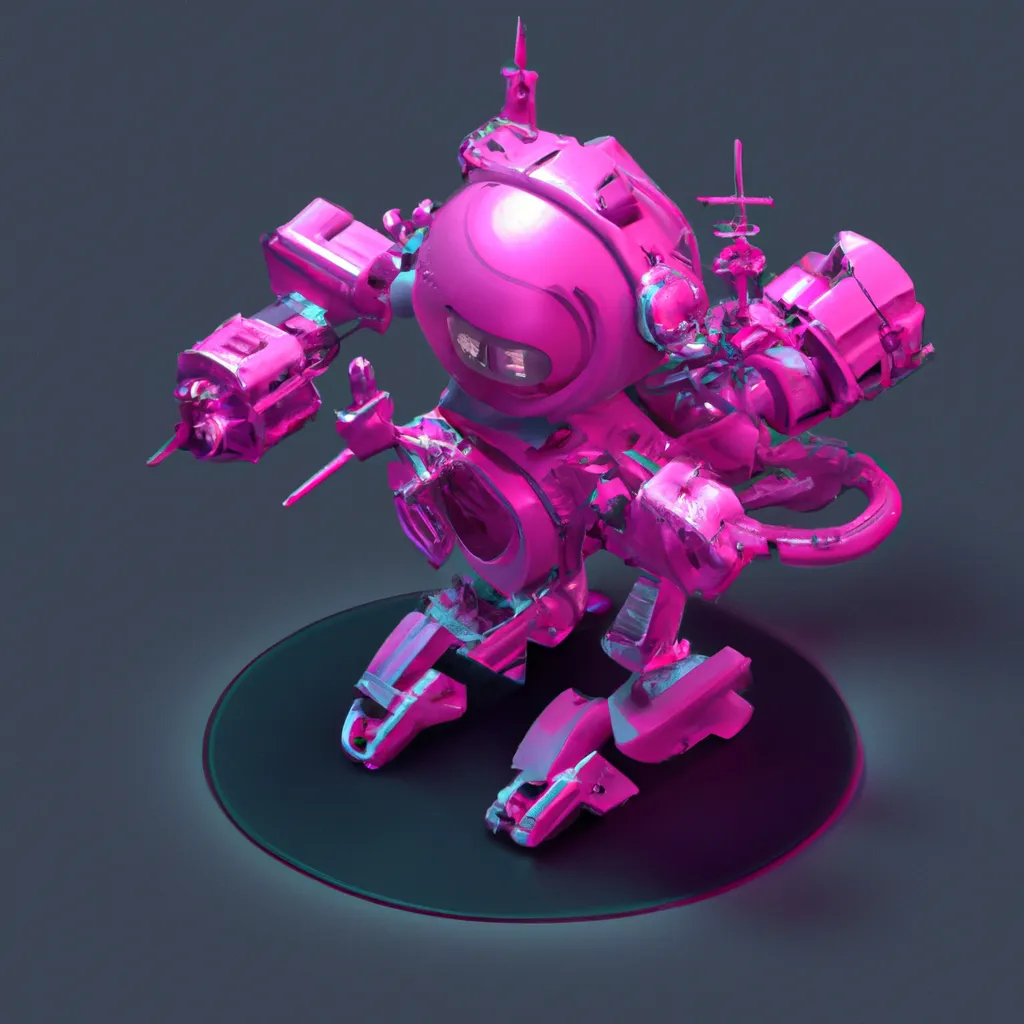 Prompt: 3d render of a pink battle robot, weaponized, complex machinery, led eyes, isometric

