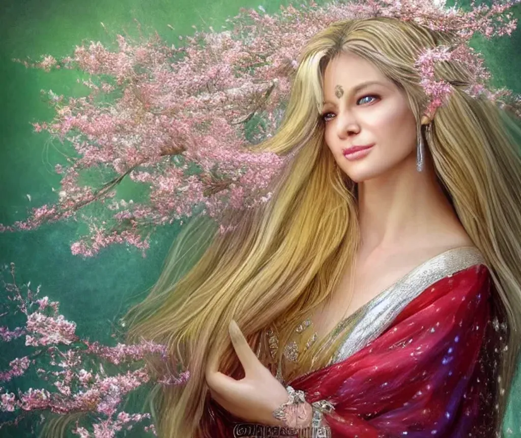 Prompt: Photorealistic digital painting of a stunningly beautiful 38 year old ethereal goddess dressed in a flowing yellow gown with long shining silver hair adorned with cherry blossoms. She carries a basket of fruit and gourds. Background is sunny wheat field. fantasy artwork, realistic shaded, fine details, artgerm, ultrarealistic HDR, highly detailed. Fine facial features. Ultra realistic face. bright eyes, soft smile. D&D. smooth. sharp focus. Intricate. Magical, Fantasy, elegant, concept art. delicate and fair facial features