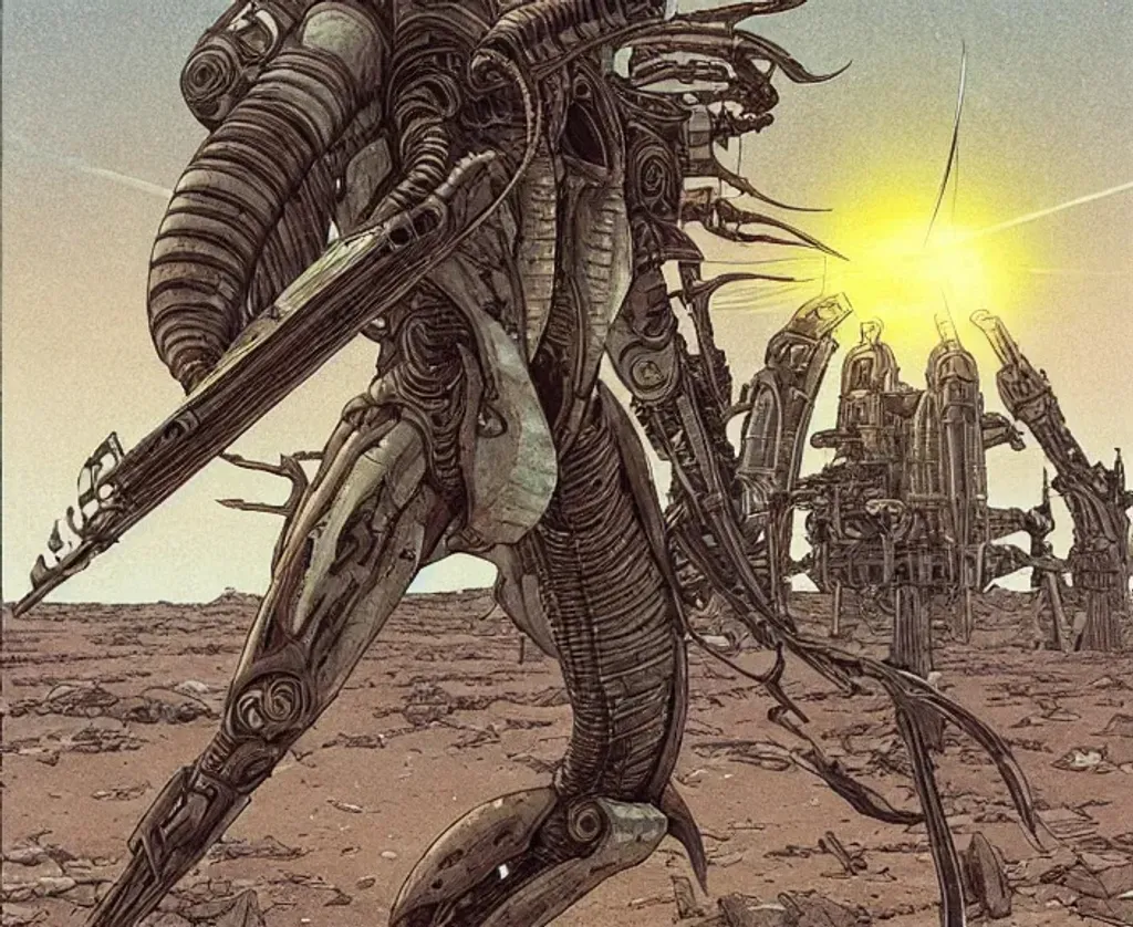 Prompt: Man with long dark brown hair holding weapon wearing battlesuit in alien dessert standing next to destroyed alien craft, by Makoto Kobayashi, by Moebius, by Jean Giraud, manga, anime style, 80's, Intricate, Hand drawn, concept art, grainy color, dim lighting, Anime Key Visual, beautiful composition