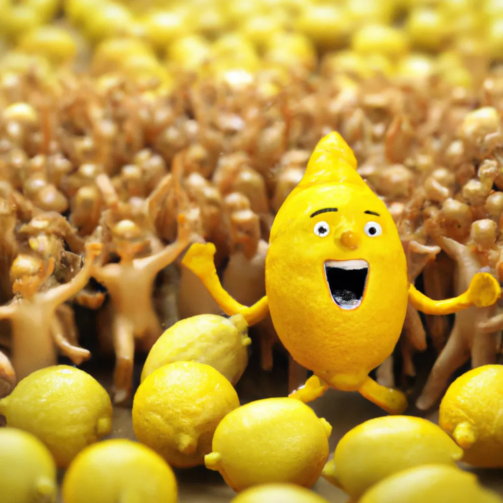3-D, Photo-Realistic, Laughing Giant Lemon surround... | OpenArt