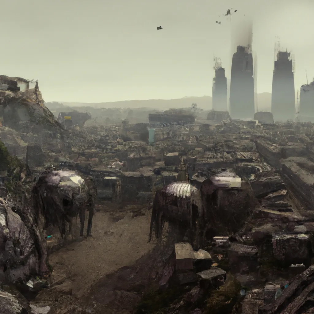 Prompt: Dystopian wasteland izbulbi by yusuke murata and masakazu katsura, artstation, highly-detailed, cgsociety, pencile and ink, city in the background, dark colors