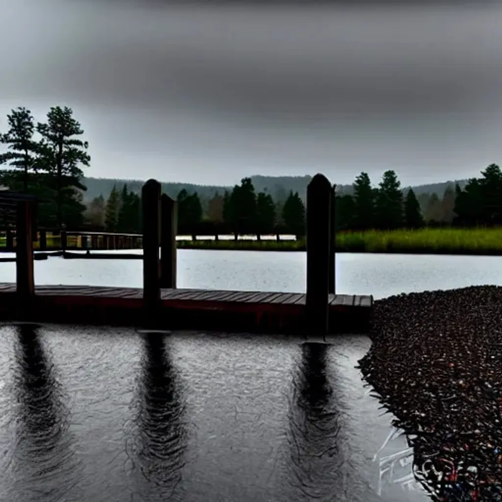 Prompt: clover field, many round stones, raised dock over smooth water pond, overcast morning, detailed, realistic